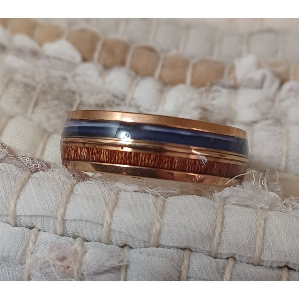 Size 12, Mens Ring, Blue & Brown, Rose Gold